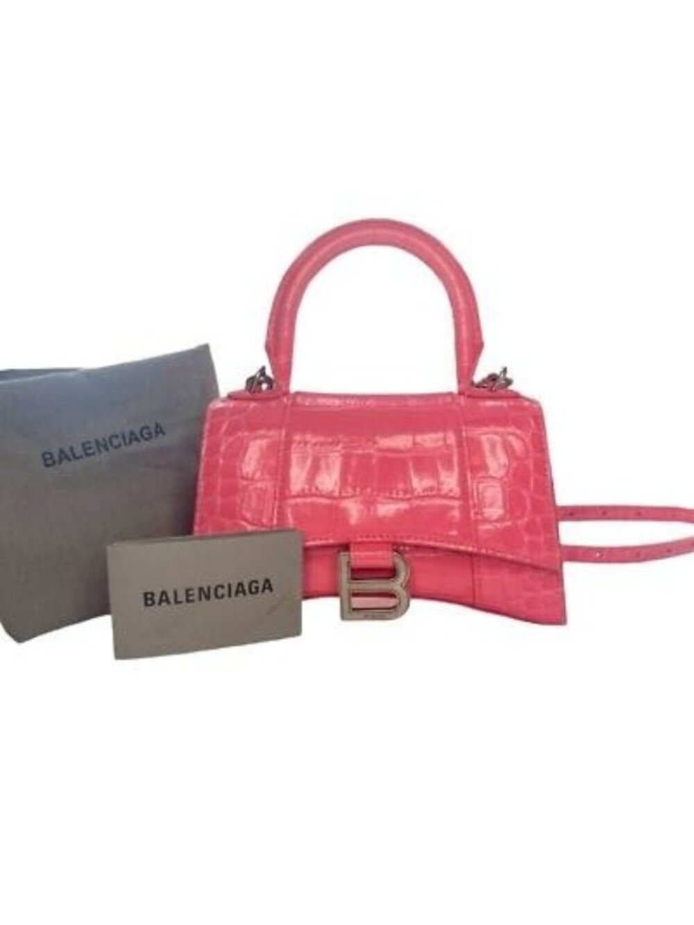 Balenciaga Hourglass Top Handle Mini Bag Crocodile Embossed Leather x S Pink